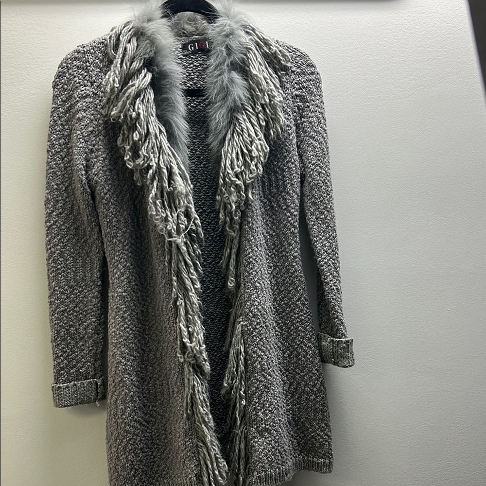 Gray Knit Cardigan with Faux Fur/Wool Trim